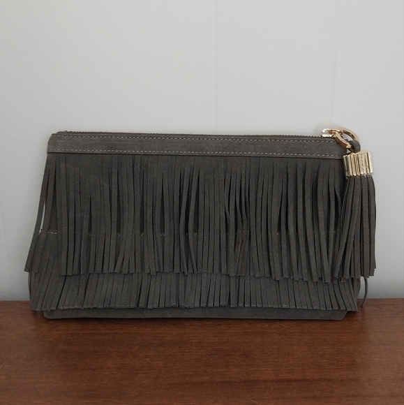 NWOT India Hicks Fringe Suede Clutch
